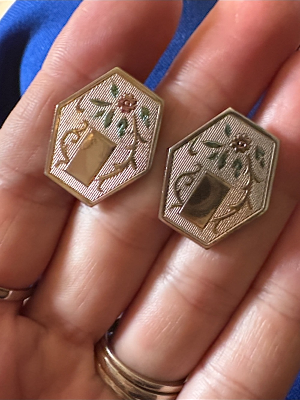 Vintage Hexagonal Floral Enamel Cufflinks - Silver Tone with Green & Pink Detail